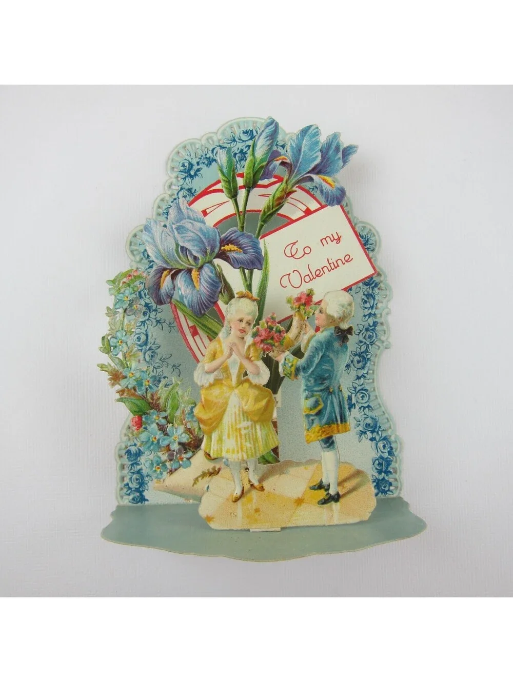 Vintage Valentine 3D Pop Up Die Cut Boy & Girl 1700s Wigs & Dress Blue Flowers